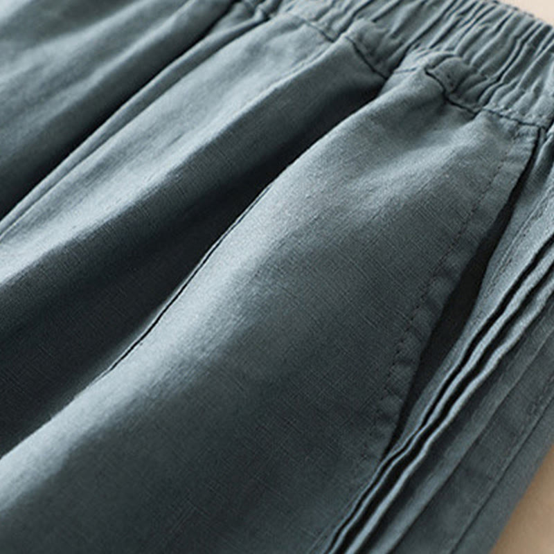 Buddha Stones Lässige, einfarbige, seitliche Faltenhose aus Baumwollleinen für Damen mit weitem Bein und Taschen - image 9