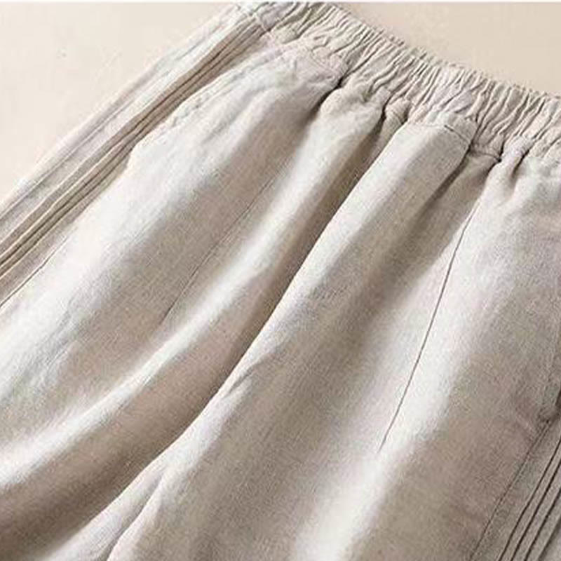 Buddha Stones Lässige, einfarbige, seitliche Faltenhose aus Baumwollleinen für Damen mit weitem Bein und Taschen