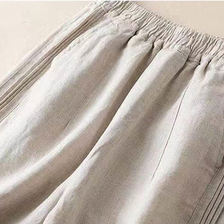 Buddha Stones Lässige, einfarbige, seitliche Faltenhose aus Baumwollleinen für Damen mit weitem Bein und Taschen