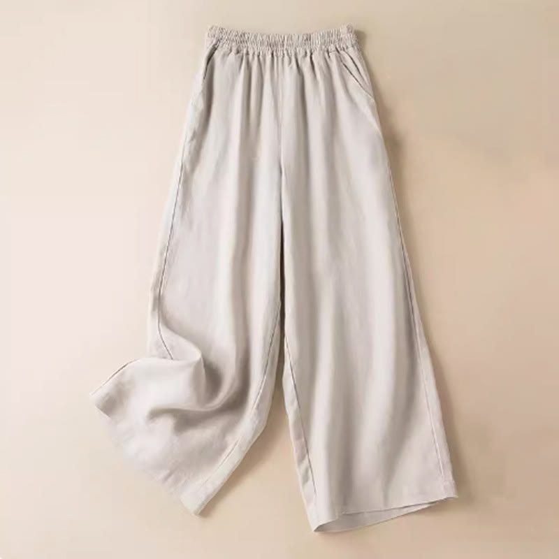 Buddha Stones Lässige, einfarbige Hose aus Baumwollleinen mit weitem Bein und Taschen für Damen - Beige - US12， UK/AU16，EU44 (3XL) - image 22