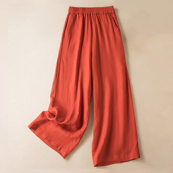 Buddha Stones Lässige, einfarbige Hose aus Baumwollleinen mit weitem Bein und Taschen für Damen - OrangeRot - US12， UK/AU16，EU44 (3XL) - image 7