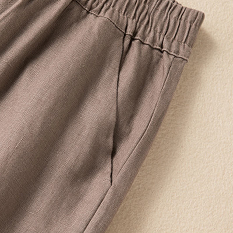 Buddha Stones Lässige, einfarbige Hose aus Baumwollleinen mit weitem Bein und Taschen für Damen - image 19