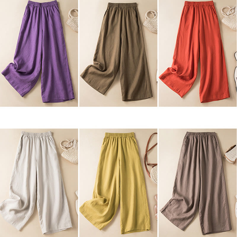 Buddha Stones Lässige, einfarbige Hose aus Baumwollleinen mit weitem Bein und Taschen für Damen - image 2