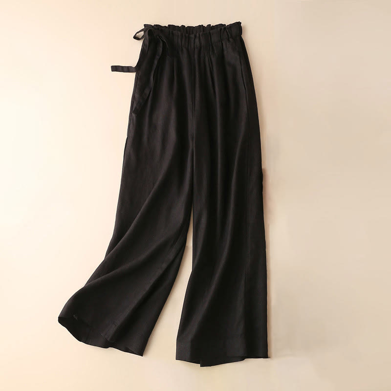 Buddha Stones Lässige, einfarbige, weit geschnittene Hose aus Baumwollleinen mit Schnürung für Damen - Schwarz - US12， UK/AU16，EU44 (3XL) - image 34