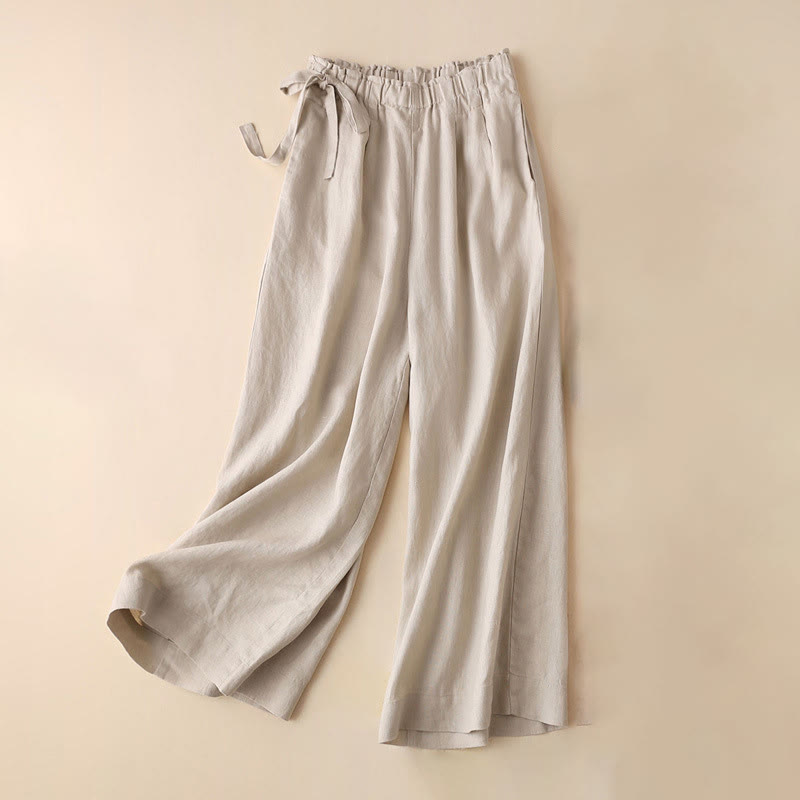 Buddha Stones Lässige, einfarbige, weit geschnittene Hose aus Baumwollleinen mit Schnürung für Damen - Beige - US12， UK/AU16，EU44 (3XL) - image 22
