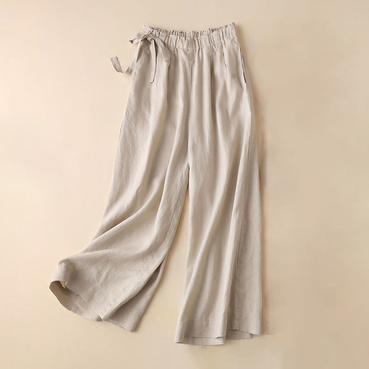 Buddha Stones Lässige, einfarbige, weit geschnittene Hose aus Baumwollleinen mit Schnürung für Damen - Beige - US12， UK/AU16，EU44 (3XL) - image 22