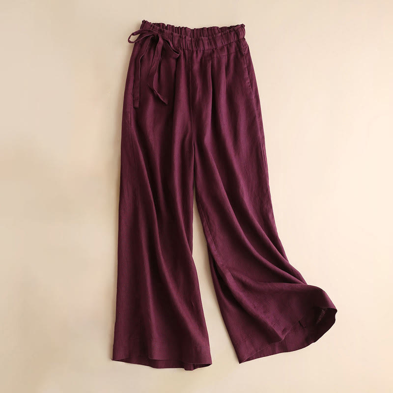 Buddha Stones Lässige, einfarbige, weit geschnittene Hose aus Baumwollleinen mit Schnürung für Damen - Kastanienbraun - US12， UK/AU16，EU44 (3XL) - image 13