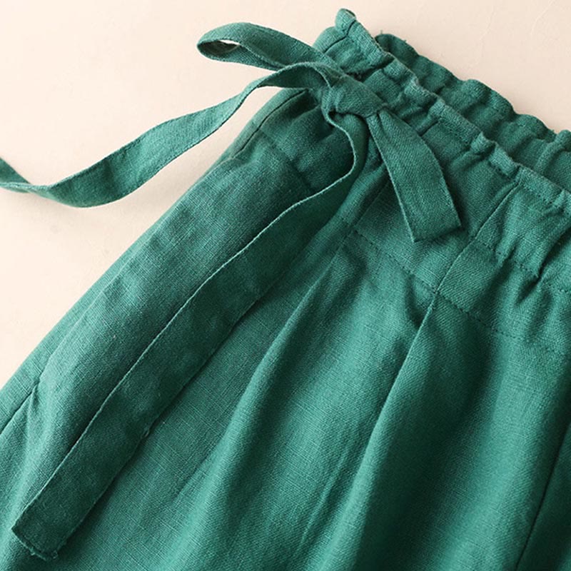 Buddha Stones Lässige, einfarbige, weit geschnittene Hose aus Baumwollleinen mit Schnürung für Damen - image 10