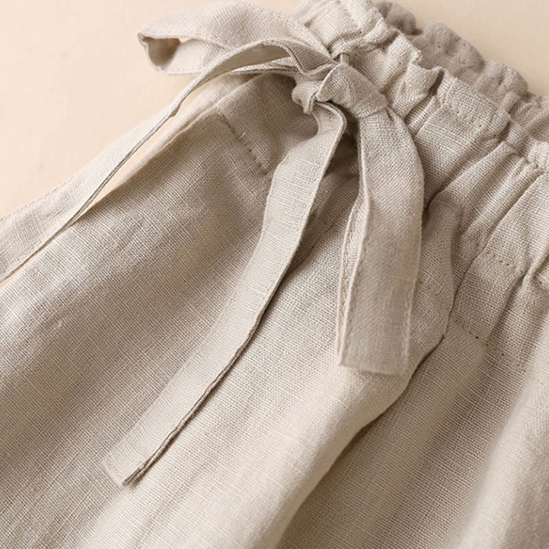 Buddha Stones Lässige, einfarbige, weit geschnittene Hose aus Baumwollleinen mit Schnürung für Damen - image 23