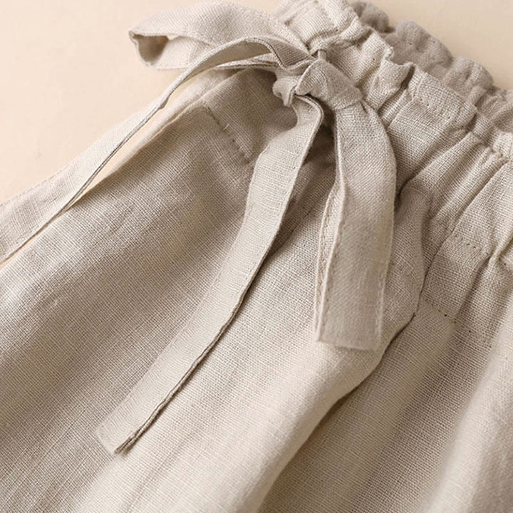 Buddha Stones Lässige, einfarbige, weit geschnittene Hose aus Baumwollleinen mit Schnürung für Damen - image 23