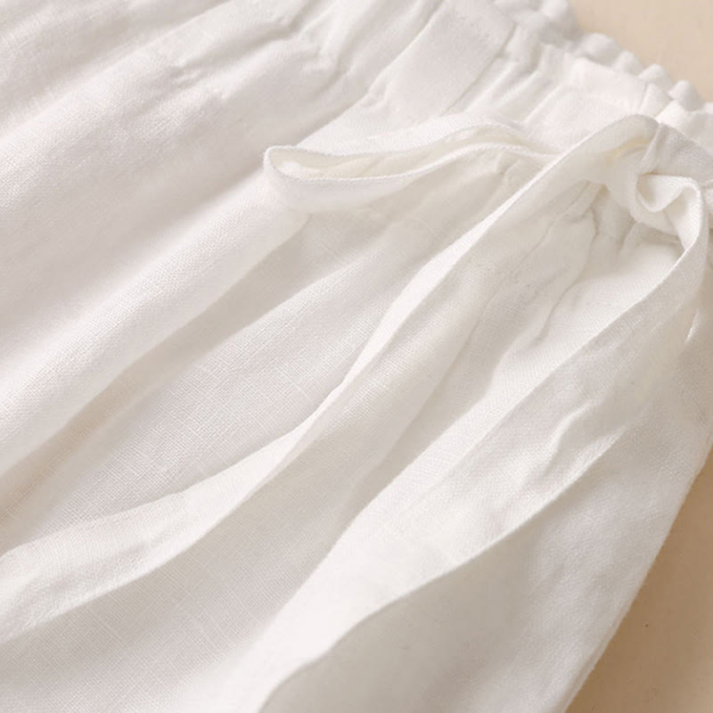 Buddha Stones Lässige, einfarbige, weit geschnittene Hose aus Baumwollleinen mit Schnürung für Damen - image 31