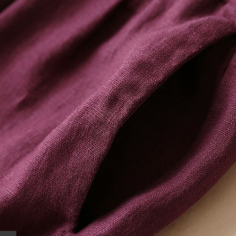 Buddha Stones Lässige, einfarbige, weit geschnittene Hose aus Baumwollleinen mit Schnürung für Damen - image 17