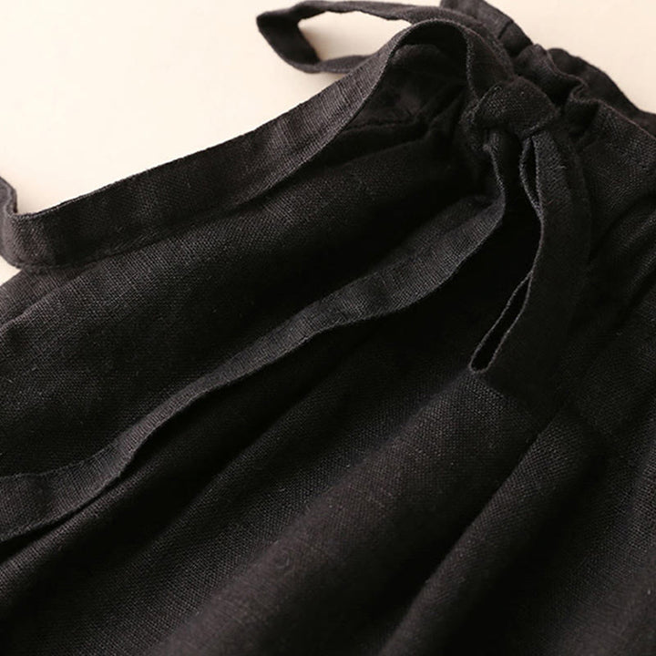 Buddha Stones Lässige, einfarbige, weit geschnittene Hose aus Baumwollleinen mit Schnürung für Damen - image 35