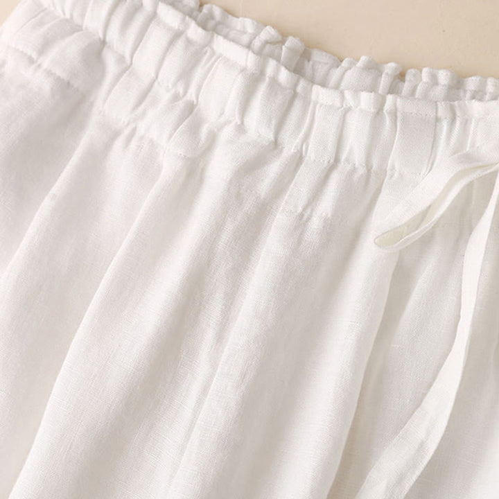 Buddha Stones Lässige, einfarbige, weit geschnittene Hose aus Baumwollleinen mit Schnürung für Damen - image 32