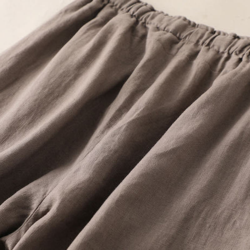 Buddha Stones Lässige, einfarbige, weit geschnittene Hose aus Baumwollleinen mit Schnürung für Damen - image 1