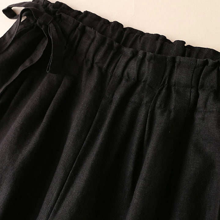 Buddha Stones Lässige, einfarbige, weit geschnittene Hose aus Baumwollleinen mit Schnürung für Damen - image 36