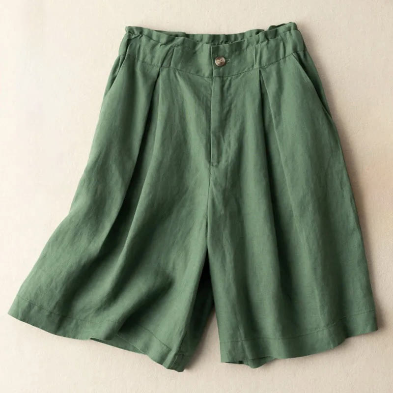 Buddha Stones Lässige, einfarbige Shorts aus Baumwollleinen mit Knopfleiste und Reißverschluss und Taschen
