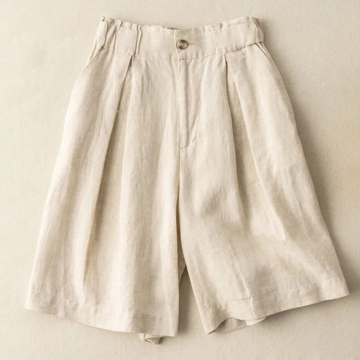 Buddha Stones Lässige, einfarbige Shorts aus Baumwollleinen mit Knopfleiste und Reißverschluss und Taschen