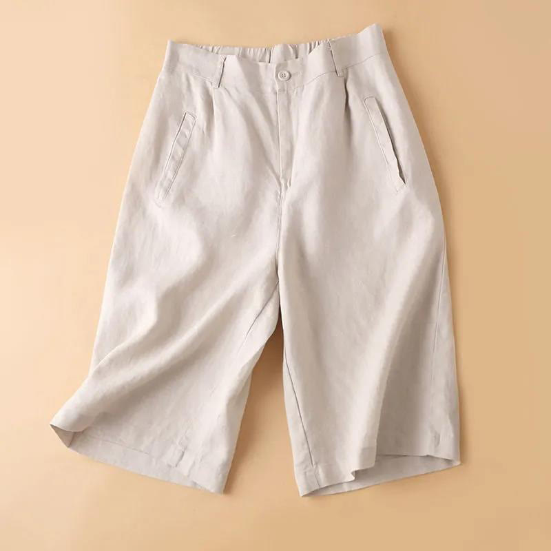 Buddha Stones - einfarbige Shorts aus Baumwolle mit Knopf und Reißverschluss und Taschen - Beige - US12， UK/AU16，EU44 (3XL) - image 9