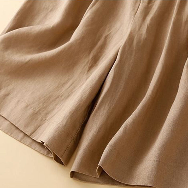 Buddha Stones - Unifarbene, plissierte Shorts aus Baumwollleinen mit Reißverschluss und Taschen