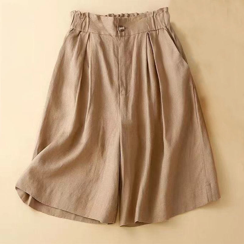 Buddha Stones - Unifarbene, plissierte Shorts aus Baumwollleinen mit Reißverschluss und Taschen - Goldrute - US12， UK/AU16，EU44 (3XL) - image 0