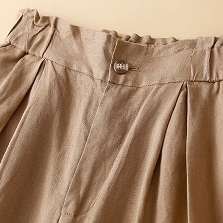 Buddha Stones - Unifarbene, plissierte Shorts aus Baumwollleinen mit Reißverschluss und Taschen