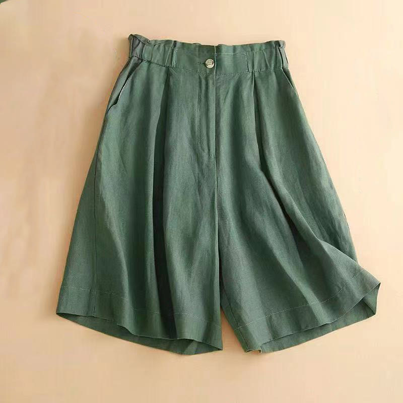 Buddha Stones - Unifarbene, plissierte Shorts aus Baumwollleinen mit Reißverschluss und Taschen