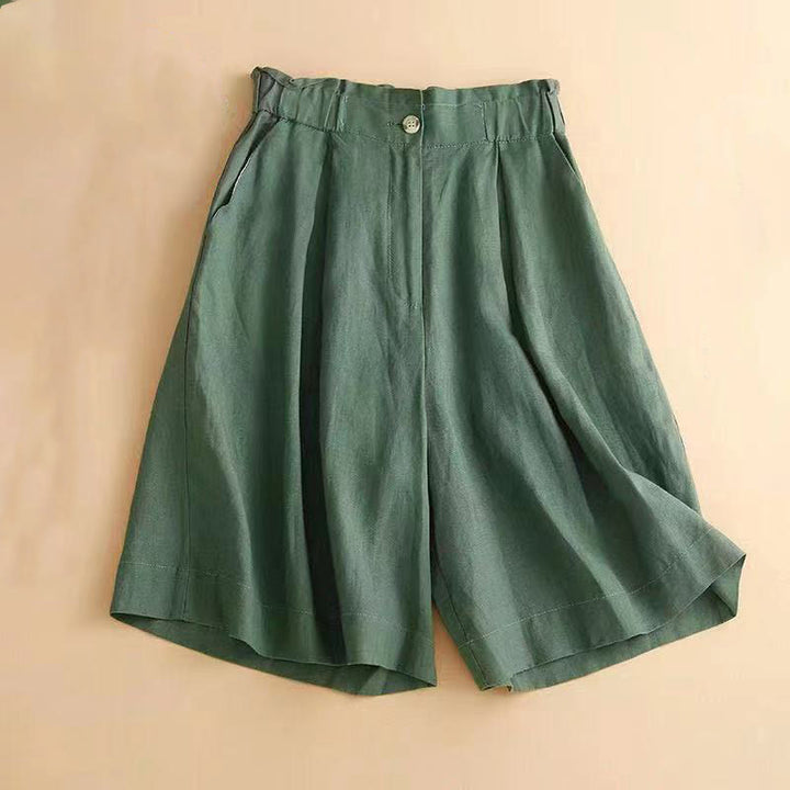 Buddha Stones - Unifarbene, plissierte Shorts aus Baumwollleinen mit Reißverschluss und Taschen