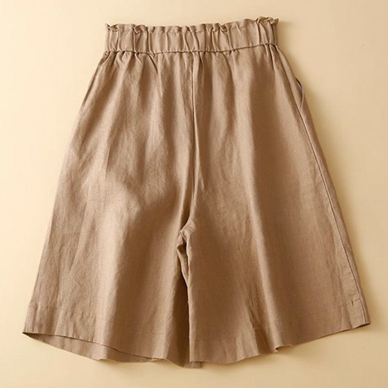 Buddha Stones - Unifarbene, plissierte Shorts aus Baumwollleinen mit Reißverschluss und Taschen