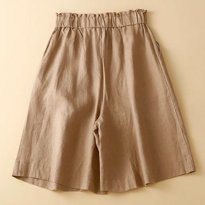 Buddha Stones - Unifarbene, plissierte Shorts aus Baumwollleinen mit Reißverschluss und Taschen