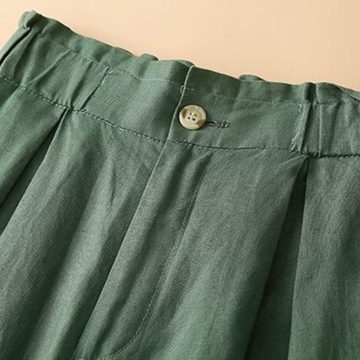 Buddha Stones - Unifarbene, plissierte Shorts aus Baumwollleinen mit Reißverschluss und Taschen