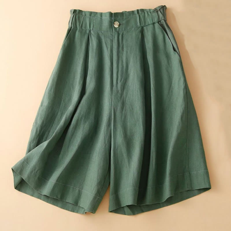 Buddha Stones - Unifarbene, plissierte Shorts aus Baumwollleinen mit Reißverschluss und Taschen