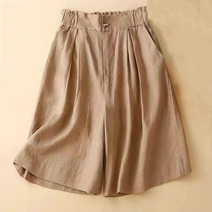 Buddha Stones - Unifarbene, plissierte Shorts aus Baumwollleinen mit Reißverschluss und Taschen