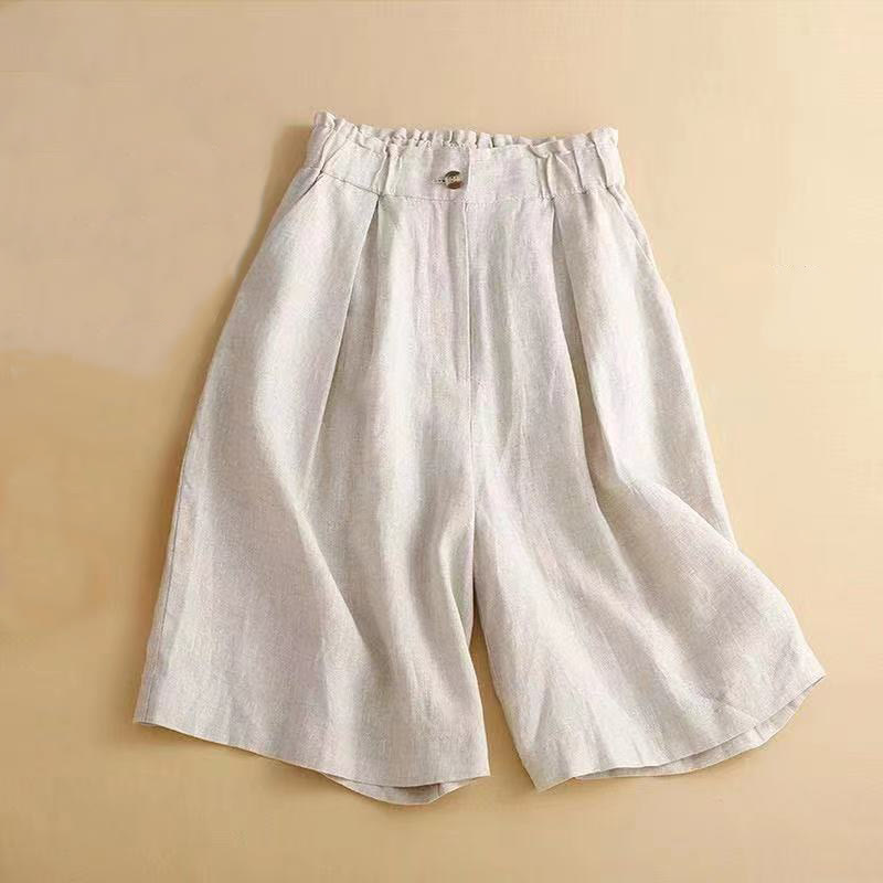 Buddha Stones - Unifarbene, plissierte Shorts aus Baumwollleinen mit Reißverschluss und Taschen