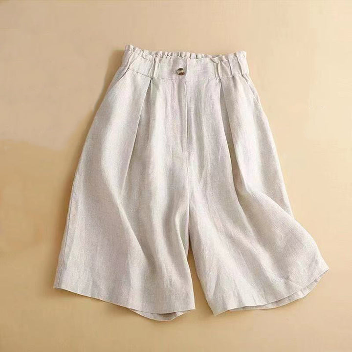 Buddha Stones - Unifarbene, plissierte Shorts aus Baumwollleinen mit Reißverschluss und Taschen