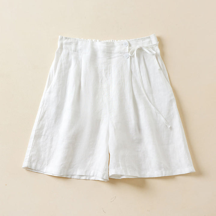 Buddha Stones - Einfarbige Shorts aus Baumwollleinen mit zwei Knöpfen und Schnürung und Taschen für Damen