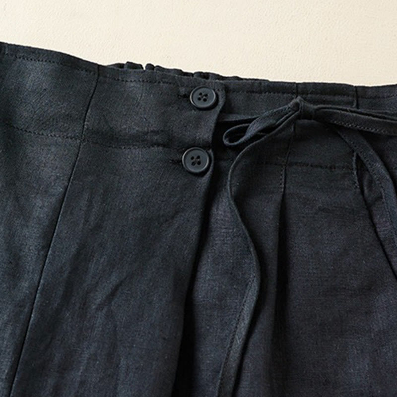 Buddha Stones - Einfarbige Shorts aus Baumwollleinen mit zwei Knöpfen und Schnürung und Taschen für Damen