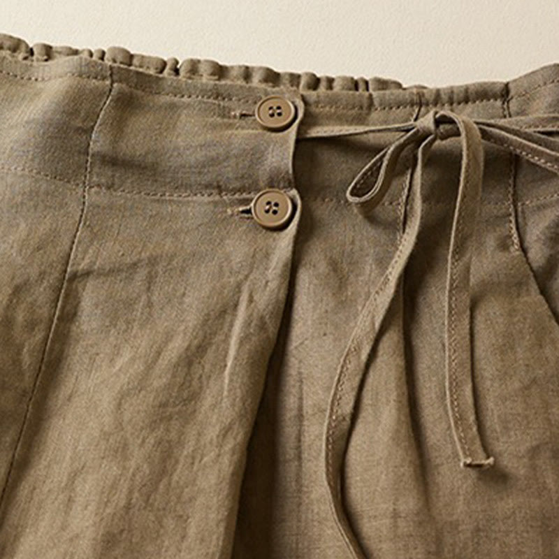 Buddha Stones - Einfarbige Shorts aus Baumwollleinen mit zwei Knöpfen und Schnürung und Taschen für Damen