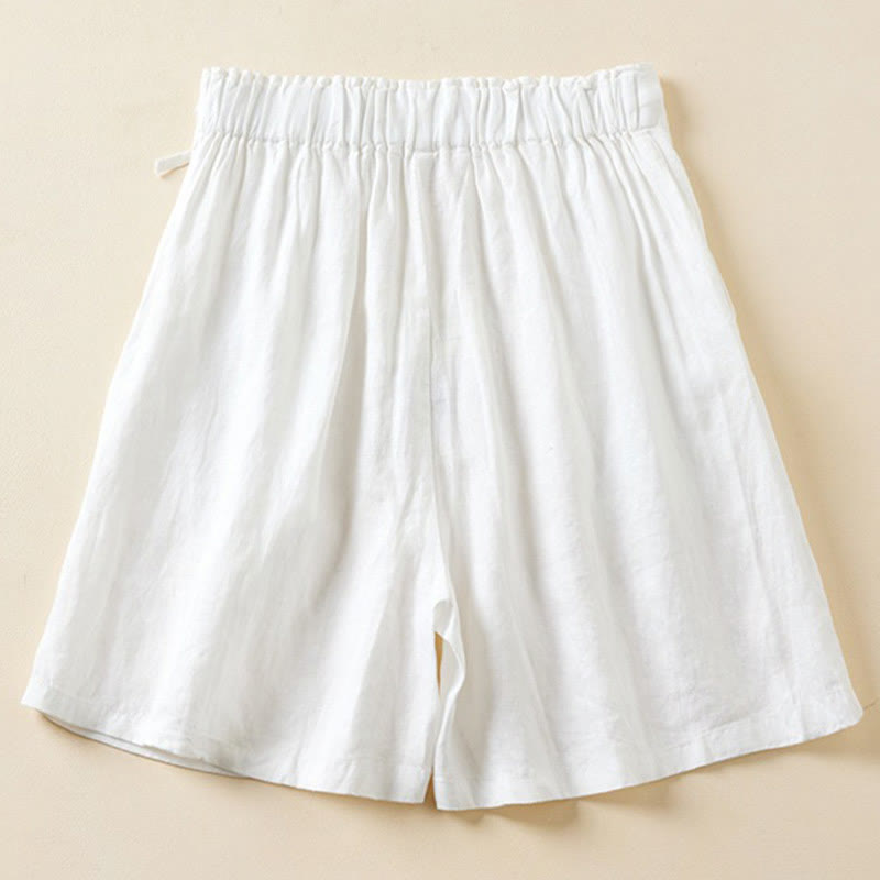 Buddha Stones - Einfarbige Shorts aus Baumwollleinen mit zwei Knöpfen und Schnürung und Taschen für Damen