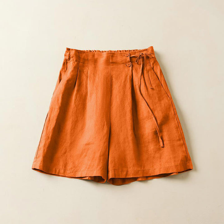Buddha Stones - Einfarbige Shorts aus Baumwollleinen mit zwei Knöpfen und Schnürung und Taschen für Damen