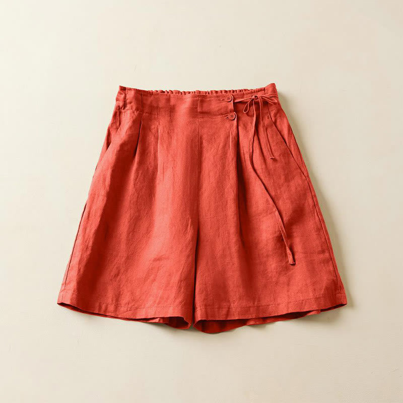 Buddha Stones - Einfarbige Shorts aus Baumwollleinen mit zwei Knöpfen und Schnürung und Taschen für Damen