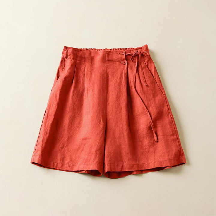 Buddha Stones - Einfarbige Shorts aus Baumwollleinen mit zwei Knöpfen und Schnürung und Taschen für Damen