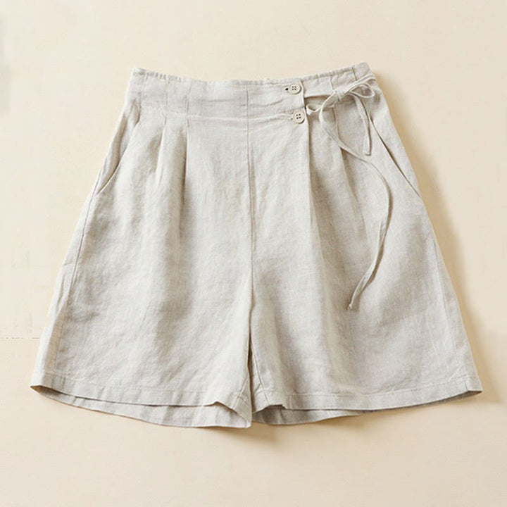 Buddha Stones - Einfarbige Shorts aus Baumwollleinen mit zwei Knöpfen und Schnürung und Taschen für Damen
