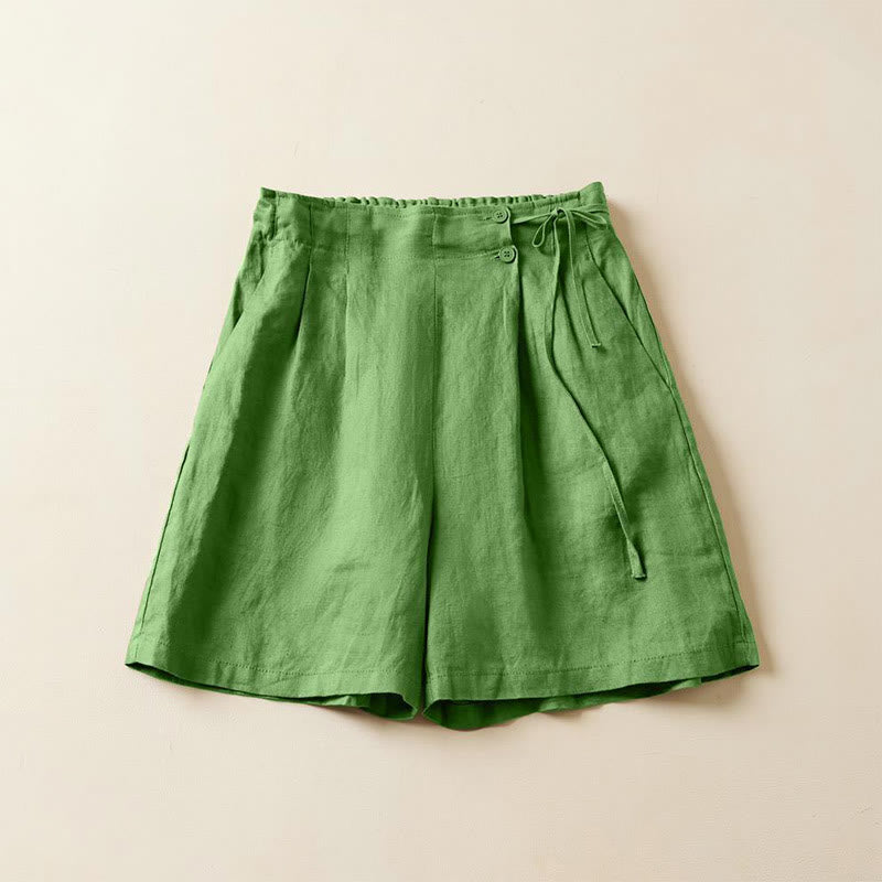 Buddha Stones - Einfarbige Shorts aus Baumwollleinen mit zwei Knöpfen und Schnürung und Taschen für Damen