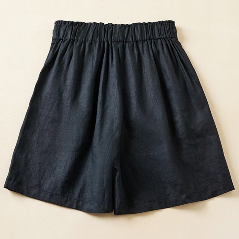 Buddha Stones - Einfarbige Shorts aus Baumwollleinen mit zwei Knöpfen und Schnürung und Taschen für Damen