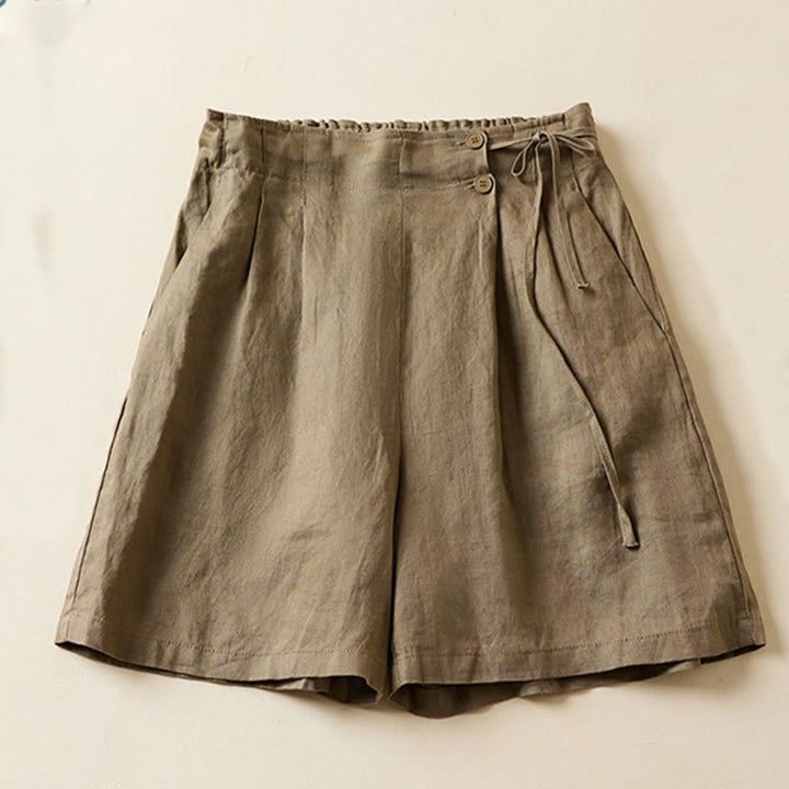 Buddha Stones - Einfarbige Shorts aus Baumwollleinen mit zwei Knöpfen und Schnürung und Taschen für Damen