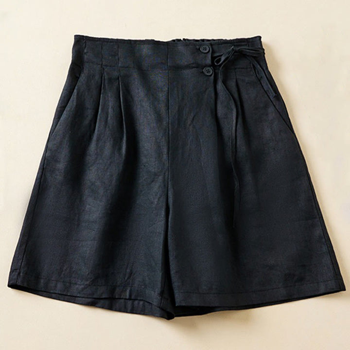 Buddha Stones - Einfarbige Shorts aus Baumwollleinen mit zwei Knöpfen und Schnürung und Taschen für Damen