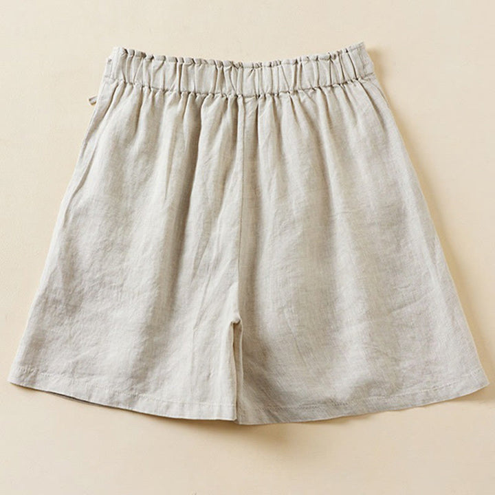 Buddha Stones - Einfarbige Shorts aus Baumwollleinen mit zwei Knöpfen und Schnürung und Taschen für Damen