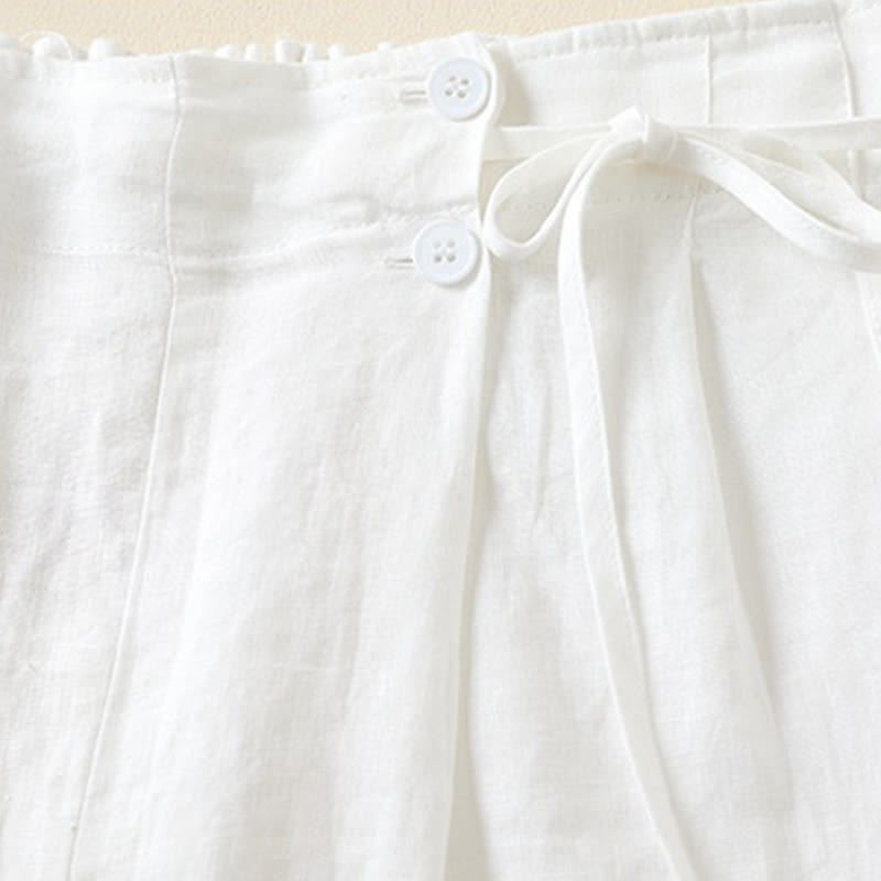 Buddha Stones - Einfarbige Shorts aus Baumwollleinen mit zwei Knöpfen und Schnürung und Taschen für Damen