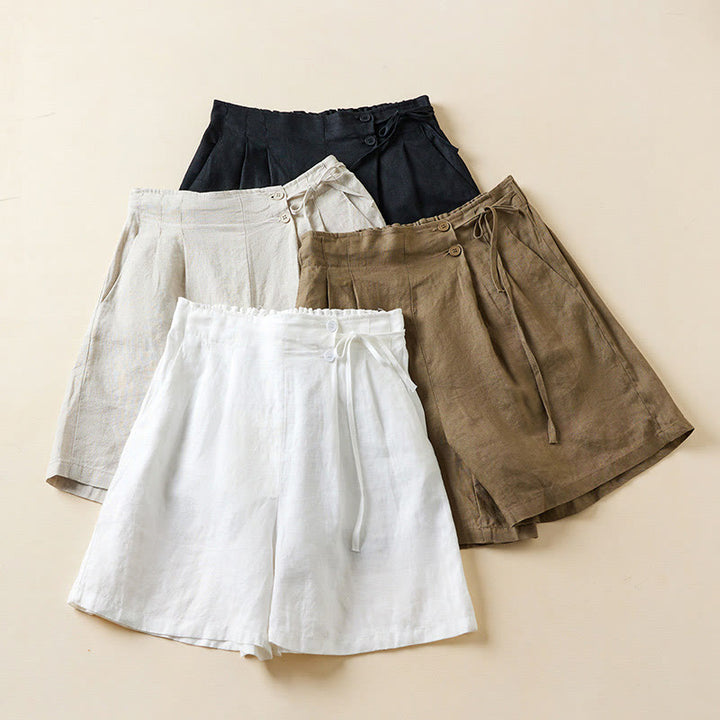 Buddha Stones - Einfarbige Shorts aus Baumwollleinen mit zwei Knöpfen und Schnürung und Taschen für Damen